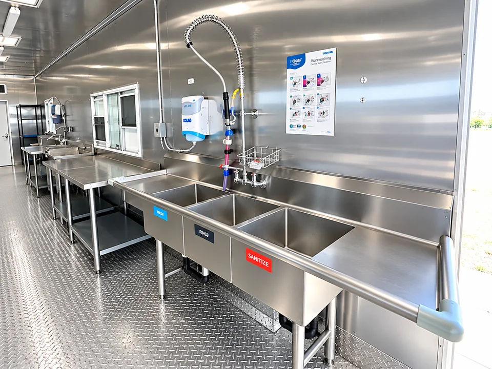 Stainless washing and preparation stations inside a dishwashing trailer