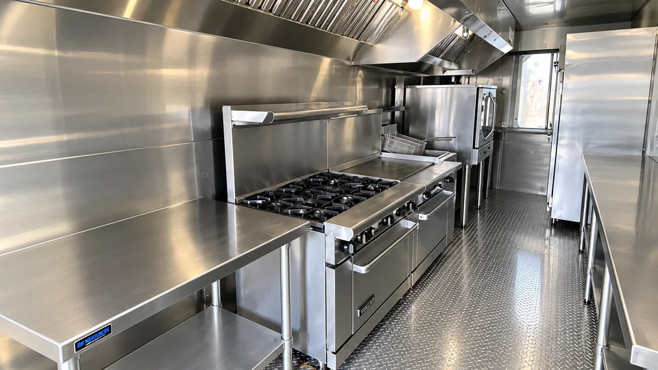 Cooking line and ventilation hood inside a mobile kitchen trailer