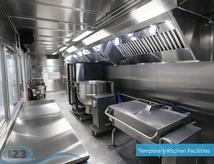 Commercial cooking equipment and preparation space inside a National Catering Business mobile kitchen